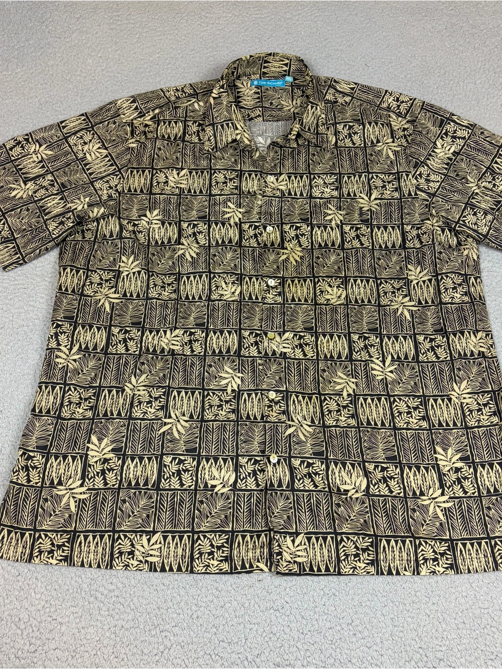 Tori Richard Hawaiian Shirt 2XLT Black and Cream Tropical Print Button-Up Vtg